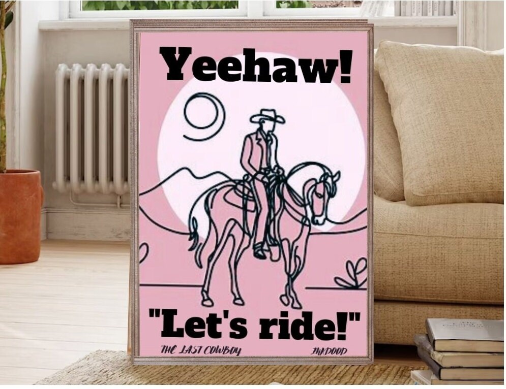 Pink Cowboy Poster Vintage Western Wall Art Retro Western Art Digital