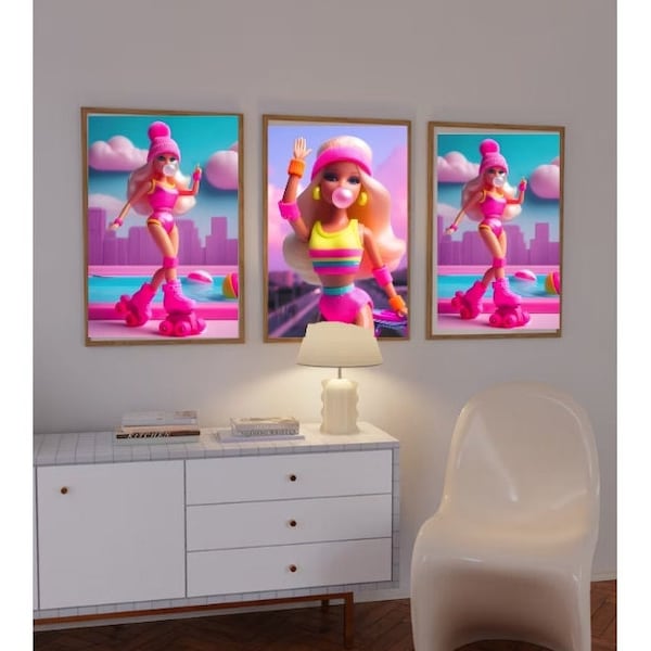 3 Set Roller skate Bubble Gum Barbie Print Poster, Sporty Barbie Art, Retro Wall Print Digital Download Barbie Print Pink Doll Art Girly Art