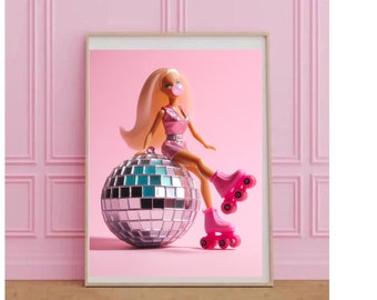 Bubble Gum Roller blade Barbie Disco Ball Print Dorm Room Decor Retro Wall Art Retro Art Poster Y2K Aesthetic Girly Art Edgy, Modern girl