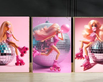 3 set BUBBLE Gum Roller patines Barbie / Disco Ball Print Dorm Room Decor/ Retro Wall Art Retro Art Poster Y2K Estética Girly Art Edgy