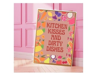 kitchen Kisses and Dirty Dishes | Original creator! Typography Print| Kitchen wall art | Wash the dishes Poster| Pink And Red