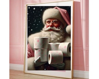 Pink Santa Painting Bathroom Art Funny Poster Print Vintage Style Christmas Holiday Wall Decor Digital Download Printable Art Amusing Gift