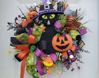 Handmade Witch Cat Halloween Wreath, Whimsical Black Cat Door Decor, Spooky Fall Porch Accent
