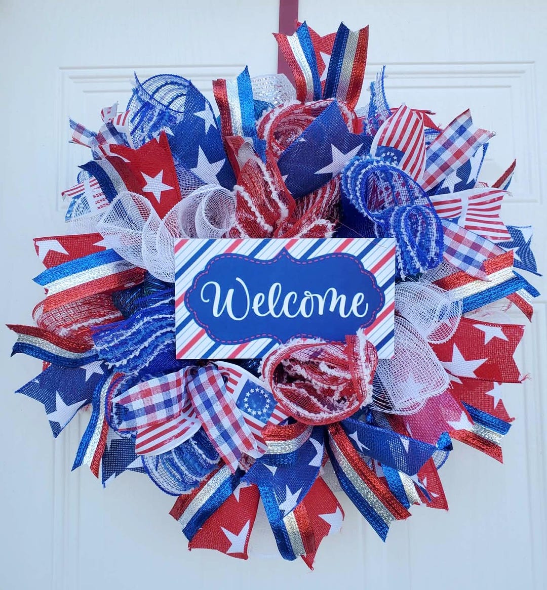 Patriotic Wreath 24 Inch, Red White Blue Deco Mesh Wreath, 4th of July ...