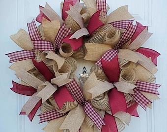 Rustic Burlap Wreath, Red and Tan Farmhouse Wreath, Country Front Door Decor, Buffalo Plaid Ribbon Wreath, Handmade Everyday Wreath