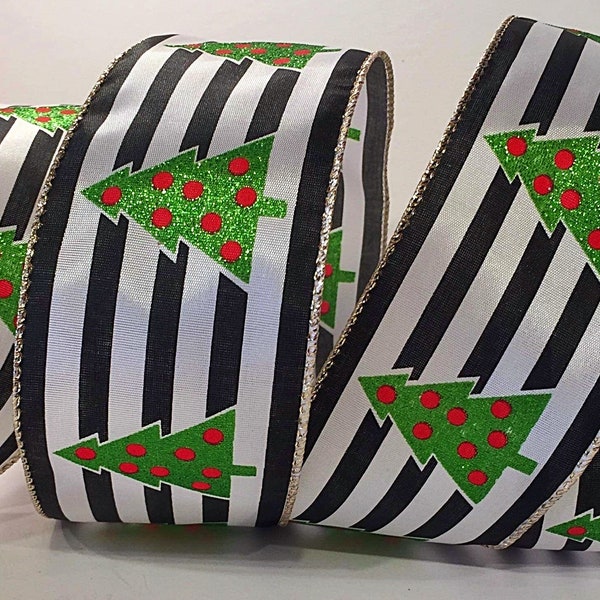 5 yards of 2.5" 5yds Black white Stripes Christmas Tree Wired Ribbon Black white Christmas Wired ribbon Winter Holidays Christmas Tree