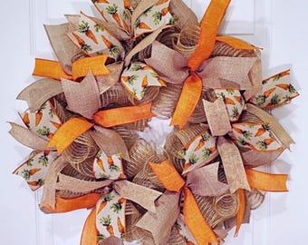 Burlap Carrot Wreath, Spring Farmhouse Easter Door Decor