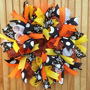Halloween Deco Mesh Wreath, Ghost Candy Corn Door Decor, Boo Polka Dot Wreath, Orange Yellow Black Front Door Halloween Wreath