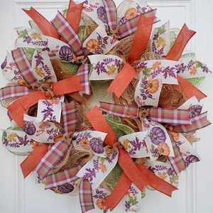Fall Pumpkin Wreath for Front Door, Autumn Harvest Wreath, Thanksgiving Door Decor, Orange Plaid Ribbon Seasonal Wreath