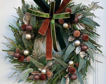 Olive Green Velvet Bow Winter Wreath, Rustic Grapevine Christmas Wreath ...