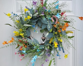 Colorful Wildflower Grapevine Wreath, Spring Summer Garden Door Decor