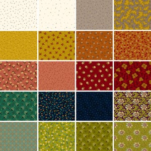May include: A collection of twenty fabric swatches featuring various patterns including small dots, floral motifs, leafy vines, and geometric shapes in a color palette of cream, mustard yellow, burnt orange, deep red, navy blue, and olive green.