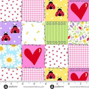 May include: A multi-colored fabric featuring a patchwork grid of squares with patterns including red hearts, pink gingham, yellow with ladybugs, white with daisies, and floral prints. A ruler at the bottom shows a width of 7.5 inches.