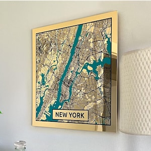 Carte de New York en miroir doré - Art mural moderne et glamour - Décoration réfléchissante pour New York