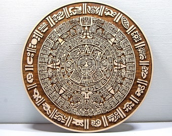 Etniczne Imperium Majów Drewniany kalendarz - Wycinana laserowo grawerowana Piedra Del Sol lub Aztecka dekoracja ścienna | Starożytne meksykańskie dekoracje domów sztuki
