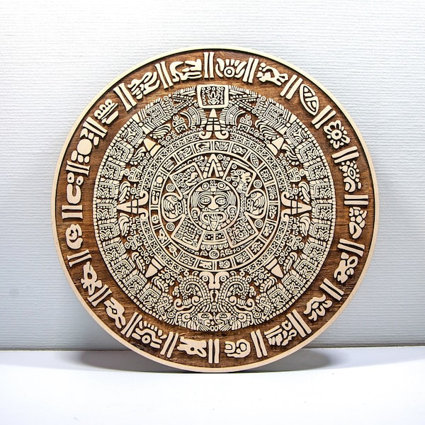 Ethnic Mayan Empire Wooden Calendar - Laser Cut Engraved Piedra Del Sol or Aztec Sun Wall Decoration | Ancient Mexican Art House Decorations