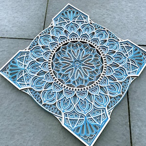 Multi Layer Blue Mandala Ethnic Wooden Wall Art - Indian Moroccan Style Laser Cut Artwork For Home Decors | Handmade Gift For Housewarming