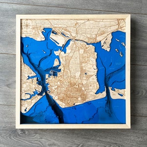 Portsmouth - 50 cm / 19,6", 3D Bathymetrie-topographische / Holz Ozean Kunst Karte