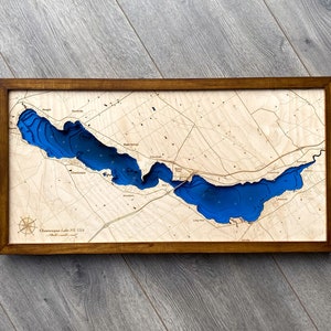 Chautauqua Lake 3D Bathymetrische Holzkarte - New York Lake Geographische Holz-Meerkunstkarte | Multi Layer gravierte Landkarte für Wohnzimmer Dekor
