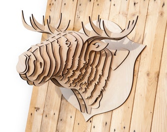 Wooden Moose Head 3D, Wood Moose Trophy - Home Decor, Animal Art