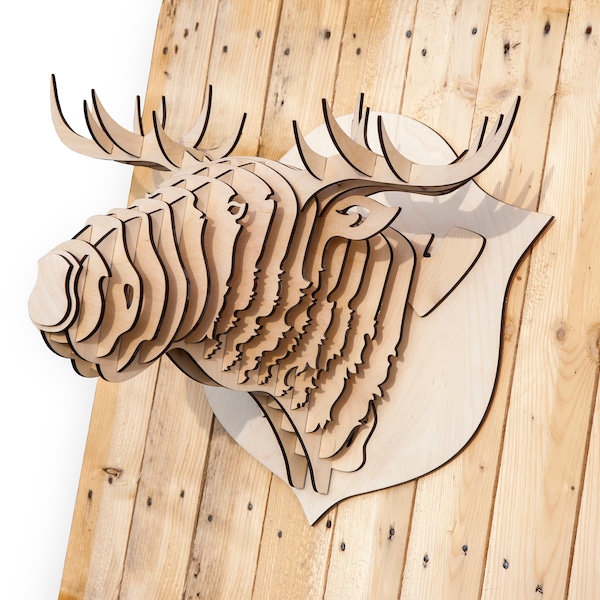 Wooden Moose Head 3D, Wood Moose Trophy - Décoration intérieure, Art animalier