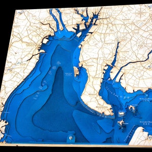Handa 半 16"x 16", 3D batimetría-topografía / Mapa de arte del mar de madera