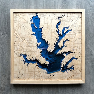 Lewisville Lake 3D Illustrazione Mappa in legno - Texas Batimetria Topografica Wood Lake Mappa per arazzi / Regali fatti a mano Housewarming