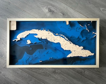 3D Cuba Island Wooden Map – Engraved Bathymetry Topographic Wall Art