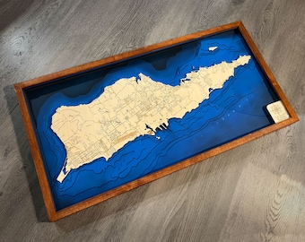 Saint Croix Virgin Island (USVI) Wooden Map - Engraved Bathymetry Topographic Sea 3D Wood Maps | Unique & Educational Home Wall Decoration