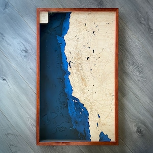 Carte topographique et bathymétrique 3D de Californie, art océan en bois, 20 x 32 po.