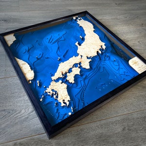 Japan Honsiu ,州 19,6"x 19,6", 3D Bathymetry-topographic / Wood Sea Art Map