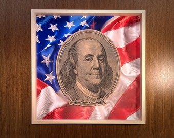 Benjamin Franklin USA flag | Wall Art Decoration | Wood Frame | 3D picture | House Decor For Office