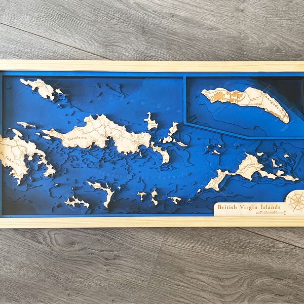 British Virgin Islands (BVI) Wooden Map - Engraved Bathymetry Topographic Sea Art Pine Wood Maps | Unique & Educational Home Wall Decoration