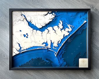 North Carolina Coast USA - 24"x 18", 3D bathymetry-topographic / Wood Sea Ocean Art Map
