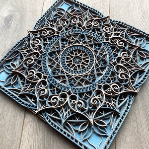 Multi Layer Blue Mandala Ethnic Wooden Wall Art - Indian Moroccan Style Laser Cut Artwork For Home Decors | Handmade Gift For Housewarming