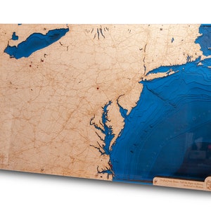 East Coast & Lake Erie, United States Map 20"x 32 », 3D bathymetry-topographique / Wood Ocean Art Map