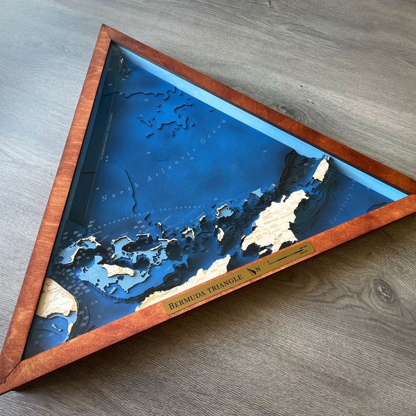 Bermuda Dreieck 3D Karte / 3D Bathymetrie-topografisch / Wood Sea Art Map