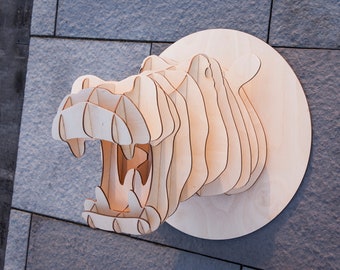 Wooden Hippo Head 3D, Wood Elephant Trophy - Home Decor, Animal Art