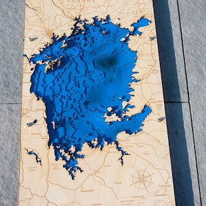 Lac Victoria, Afrique / 12 "x 24" ou 16 "x 32" bathymétrie-topographique 3D / Carte artistique Wood Lake