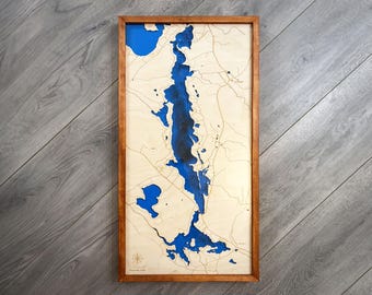 Mousam Lake 16"x 32", 3D bathymetry-topographic / Wood Lake Art Map
