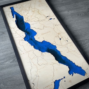TANGANYIKA, Afrique 12"x 24" ou 16"x 32", 3D bathymétrie-topographique / Wood Lake Art Map