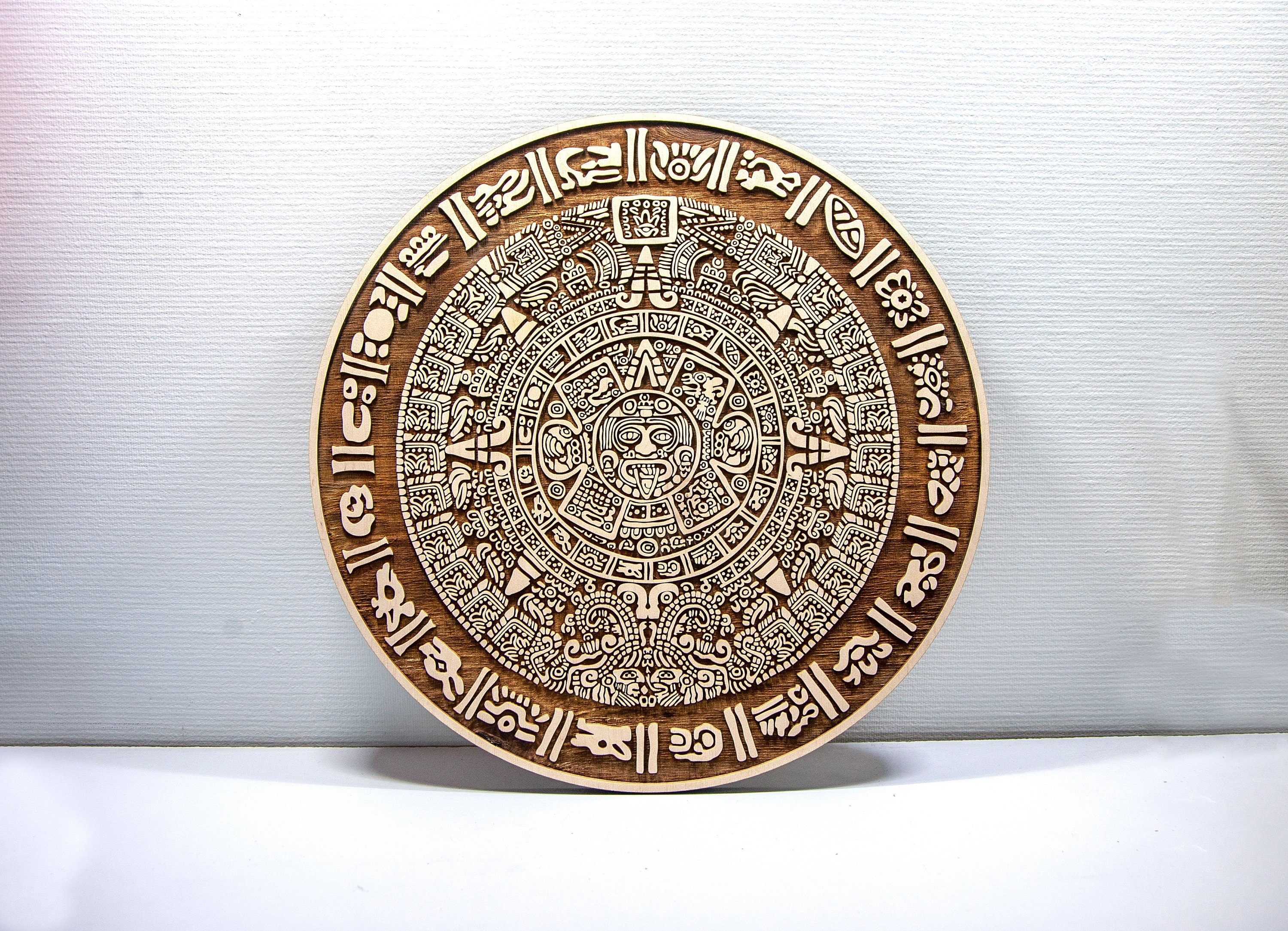 Ethnic Mayan Empire Wooden Calendar - Laser Cut Engraved Piedra Del Sol or Aztec Sun Wall Decoration | Ancient Mexican Art House Decorations