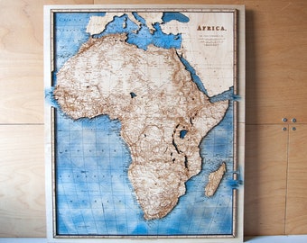 Africa Wooden Map / 1900 year / Vintage / Engraving / Wall art