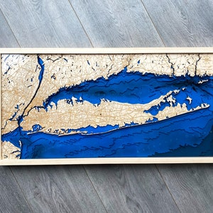 Long Island, NYC 16"x 32", 3D bathymetry-topographic / Wood Sea Ocean Art Map