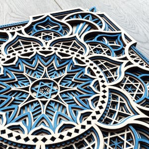 Multi Layer Blue Mandala Ethnic Wooden Wall Art - Indian Moroccan Style Laser Cut Artwork For Home Decors | Handmade Gift For Housewarming