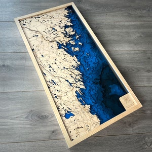 Maine Coast USA 3D Holzkarte - Atlantikküste gravierte Bathymetrie Topographische Seekarten, Kunstkiefernholzkarten | Einzigartige Wanddekoration