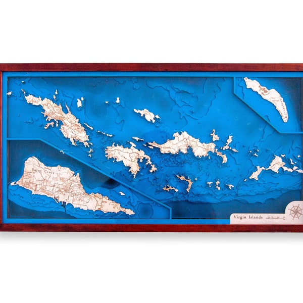 US & Britse Maagdeneilanden 32"x 16", 3D bathymetrie-topografische / Wood Sea Art Kaart