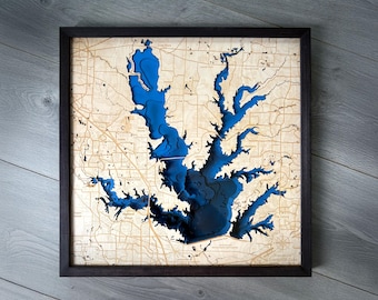 Lewisville Lake 3D Illustration Wooden Map - Texas Bathymetry Topographic Wood Lake Map For Wall Art Hangings | Handmade Gifts Housewarming