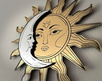 Sun & Moon Wall Decoration | Mirror Shine Gold - Sun Moon Wall Art Hanging | Ethnic House Decor Warming Gift