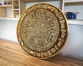 Mayan Calendar Brown & Gold Wall Art | Aztec Sun Stone Decor